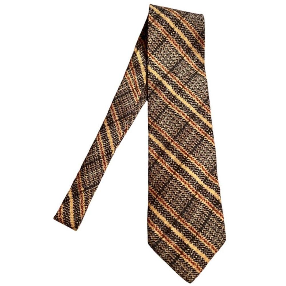 VTG 90s Y2k Structure 100% Silk Printed Plaid Neck Tie Gray Cream Rust Orange